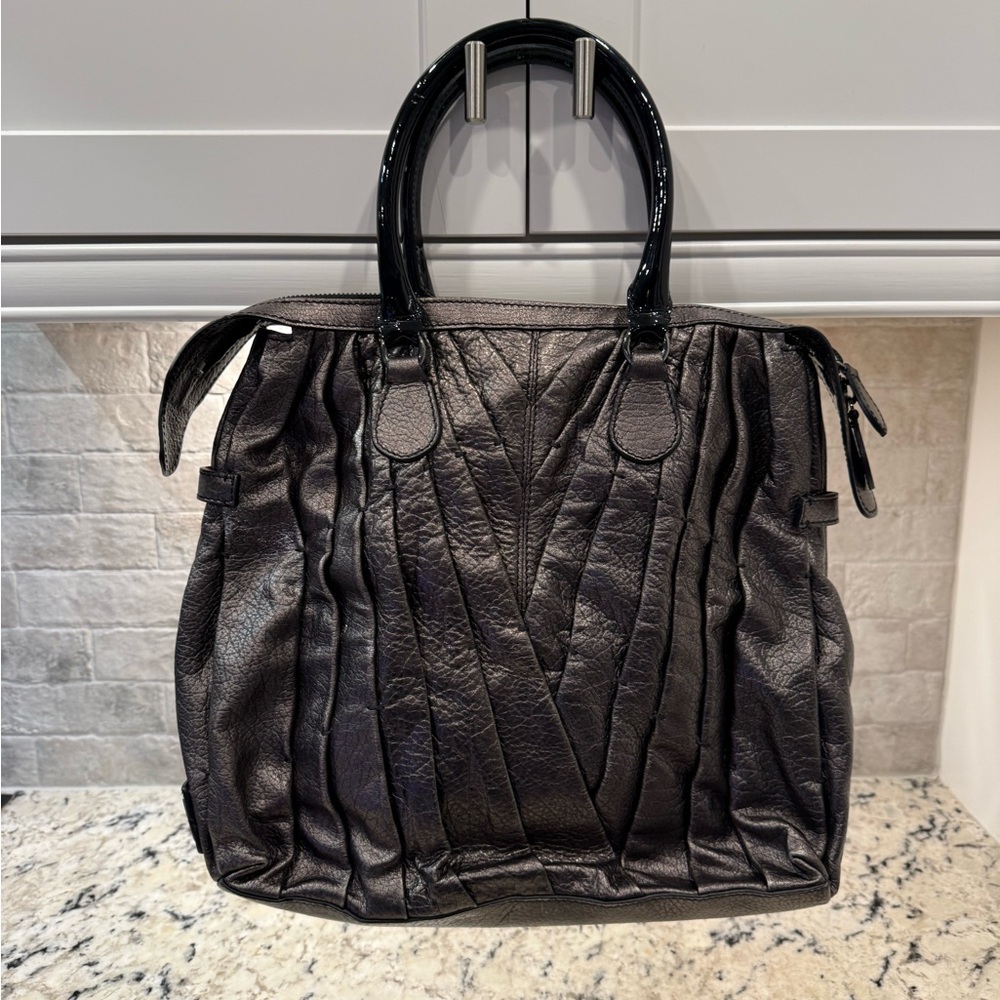 Valentino Garavani EUC Metallic Pewter Textured Leather Handbag
